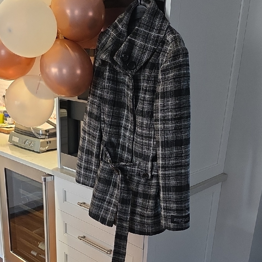 Le Chateau Black and Gray Plaid Trench Coat - Picture 1 of 5